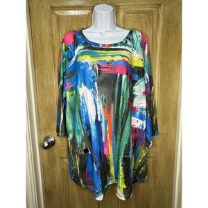 Ali Miles 2X Top Shirt Geometric Striped Print 3/4 Sleeve Sleeve Artsy